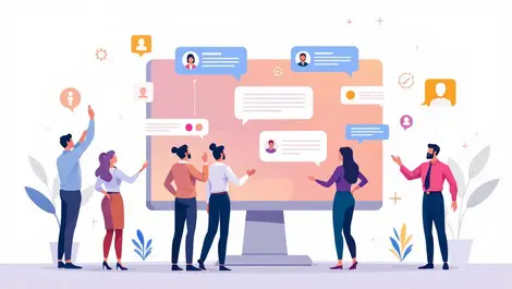 Business professionals interacting digital interface chat bubbles ai customer service