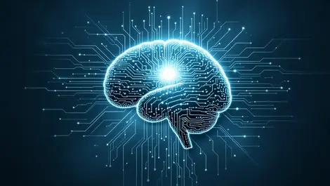 Brain shaped circuit board illustration with light network connections data flow