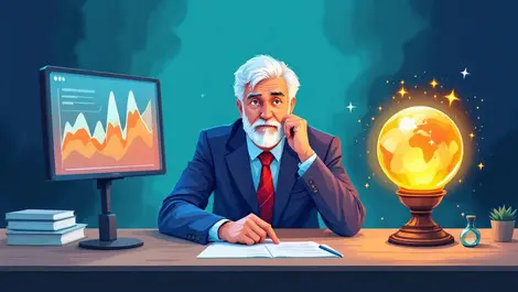 Senior businessperson contemplating data dashboard vs crystal ball decision making illustration