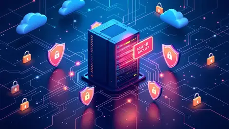 Secure data center server racks shields digital padlocks cybersecurity backup