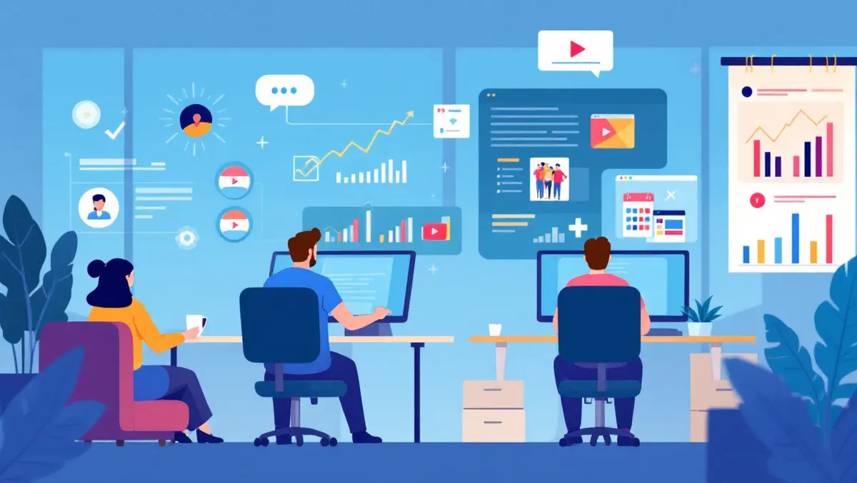 Busy australian marketing office people computers charts video content icons