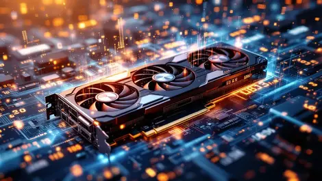 Realistic high end consumer gpu surrounded by digital numbers swirl