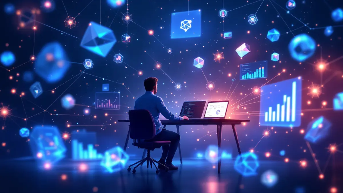 Digital illustration marketer desk floating glowing data streams quantum computing networks analytics