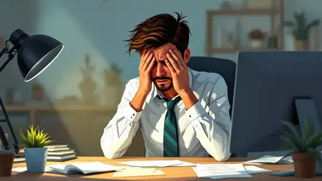 British office worker rubbing eyes discomfort at desk computer paperwork illustration