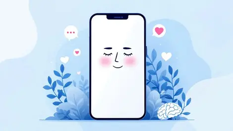 Smartphone with calm empathetic face blue tones mental health icons heart brain