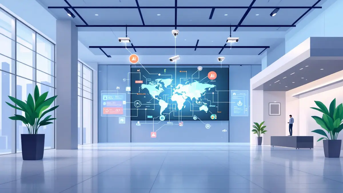 Modern commercial building lobby security cameras digital screens ai data flows