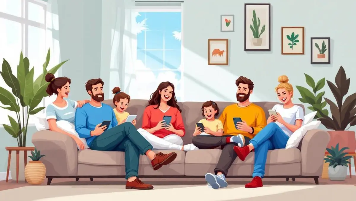 Australian families relaxing on couches using digital devices enjoying entertainment