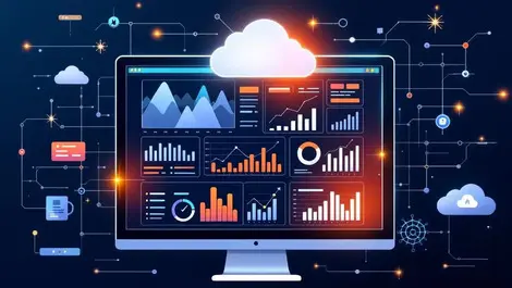 Digital illustration business dashboard graphs charts ai neural network cloud