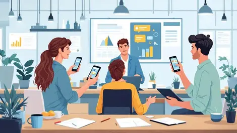 Modern workplace employees using tablets smartphones watching instructional videos technology training