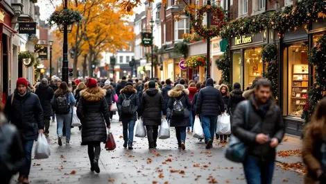 Bustling british high street crowds shoppers festive autumn scene
