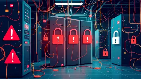 Server room technical difficulties red warnings security breaches