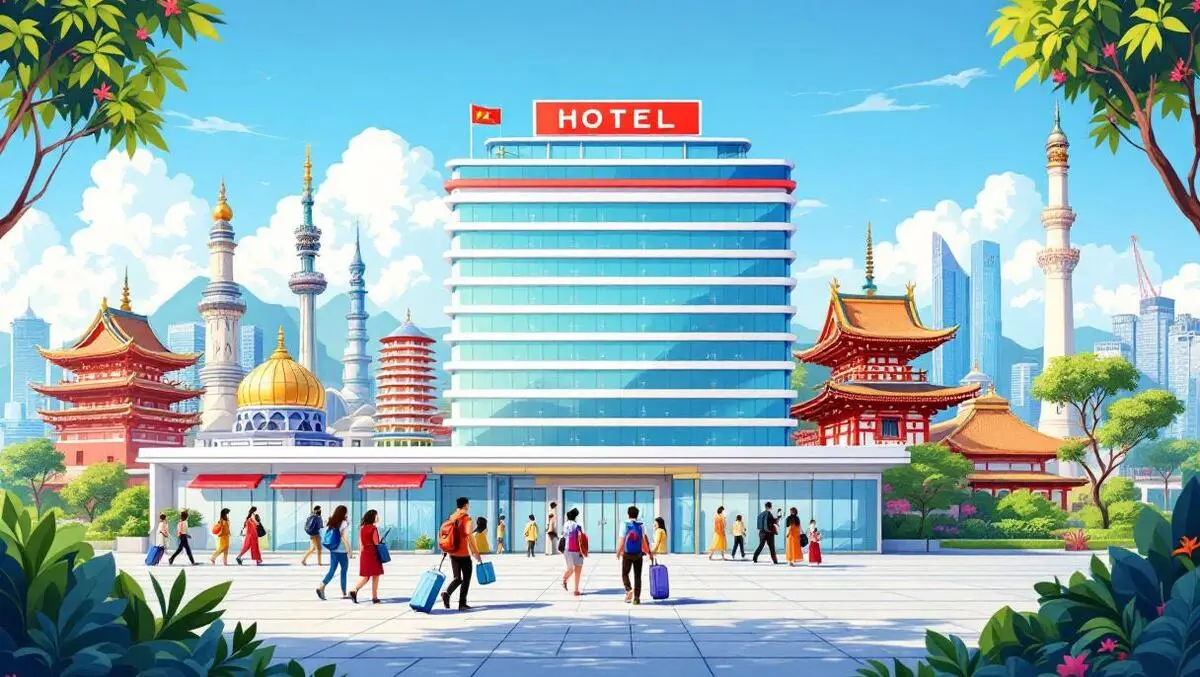 Vibrant illustration modern hotel travelers arriving asia pacific landmarks