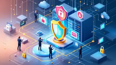 Realistic secure data center advanced servers protective shields digital locks it security monitoring