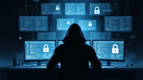 Realistic shadowy cyber hacker dark room computer monitors encrypted data