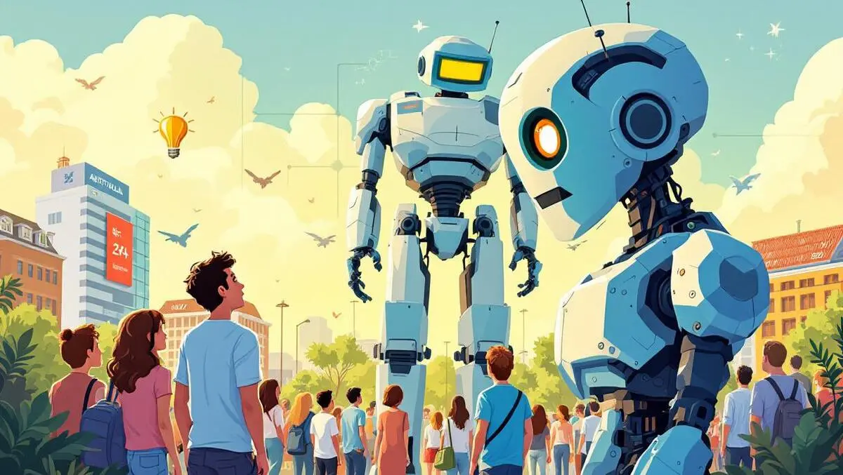 Concerned australian people facing large robot government buildings tech automation urban environment