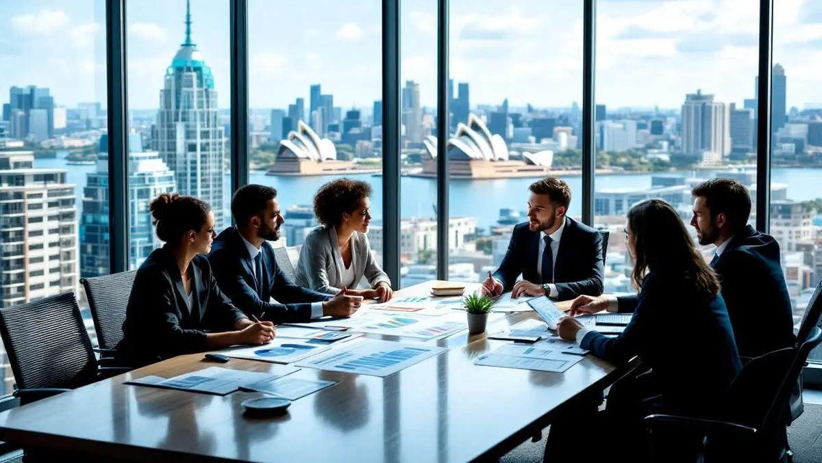 Business meeting modern australian city office investment charts sydney opera house