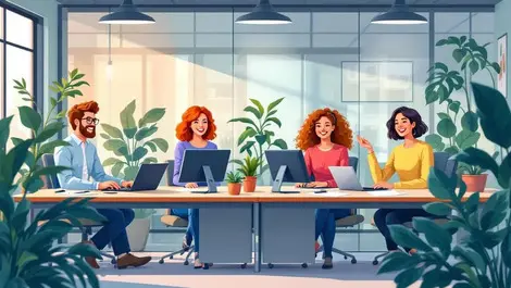 Relaxed office workers smiling desks plants soft lighting uk office