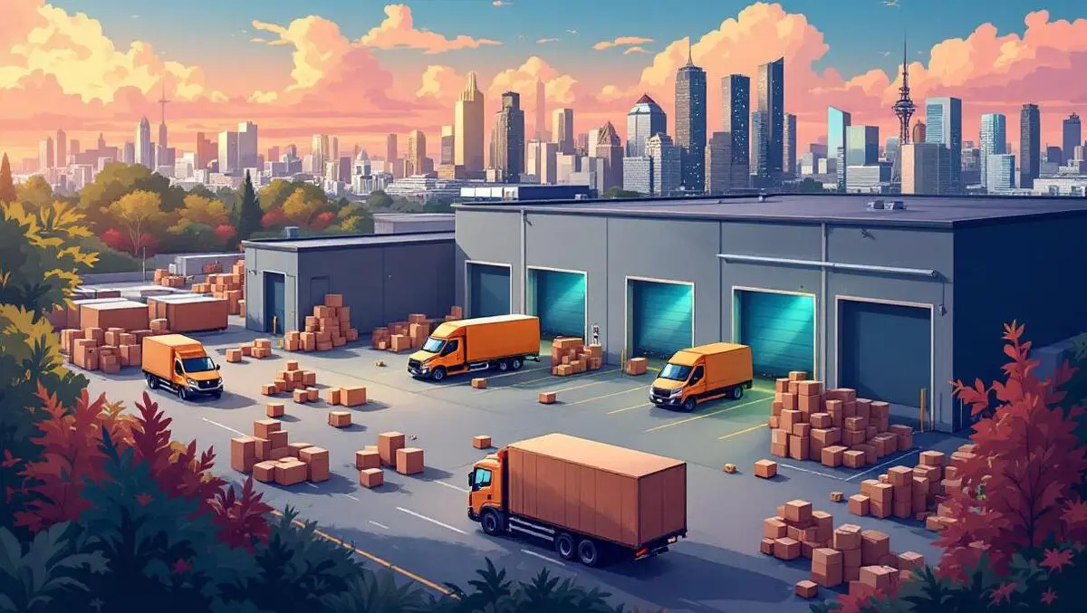 Australian retail logistics delivery trucks vans warehouse city skyline