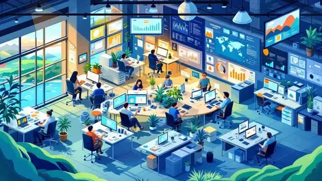 Bustling open plan office collaboration digital technology tasmanian landscape