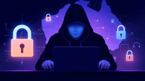Hooded figure using laptop digital padlocks australian map cyber security