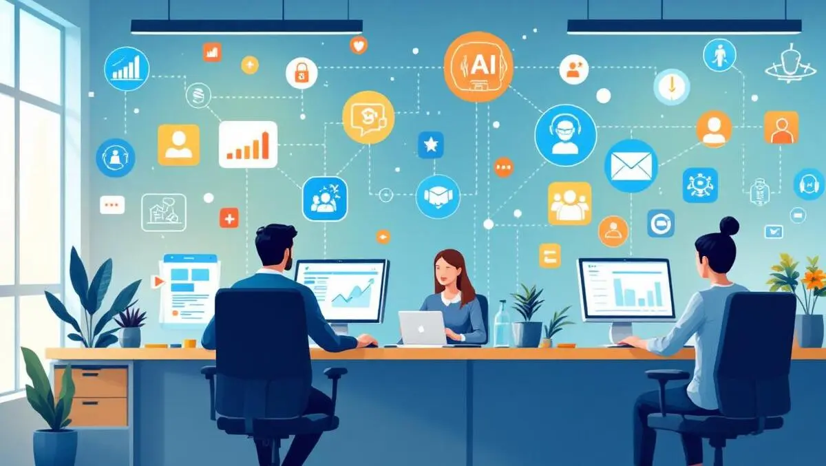 Office workers using computers ai icons connecting business tasks automation