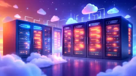 Modern australian data center glowing servers energy flow cloud icons