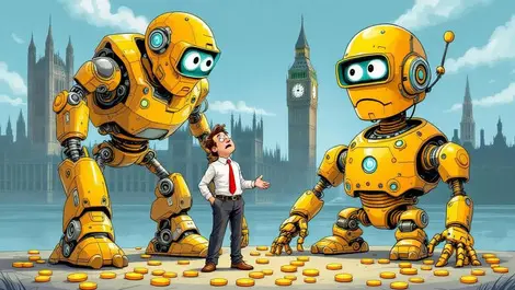 Worried british businessperson next to large golden robot pound coins parliament