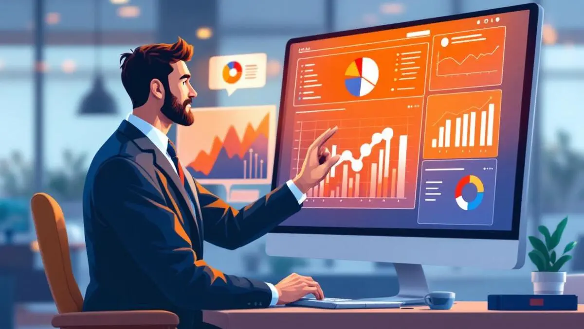 Business professional using digital dashboard charts graphs brand communication customer satisfaction modern office