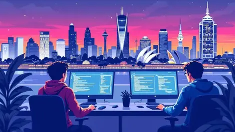 Australian software developers collaborating ai assisted coding sydney skyline