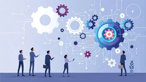 Business professionals analyzing gears circuitry ai systems with missing parts symbolizing governance gaps