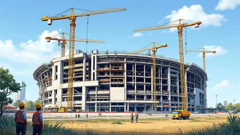 Large partially constructed stadium cranes construction workers brisbane