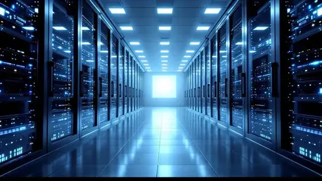 Realistic sleek data server room rows servers cables storage units technology