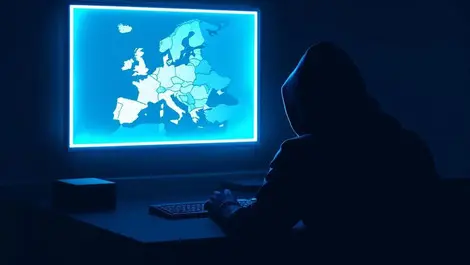 Shadowy figure at computer dark room ewurope cyberattack map illustration symbol