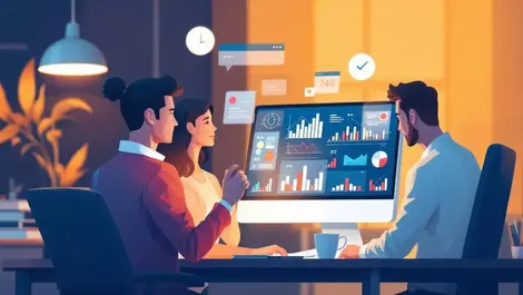 Business team analyzing data charts graphs modern office technology finance