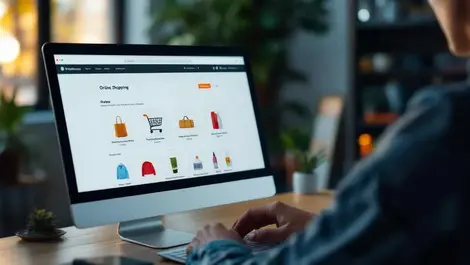 Realistic photo computer screen online shopping website laptop browsing home