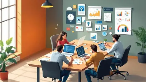 Software developers collaborating ai icons computers design sketches teamwork coding strategy