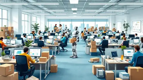 Realistic illustration uk open plan office ai robots working employees leaving boxes