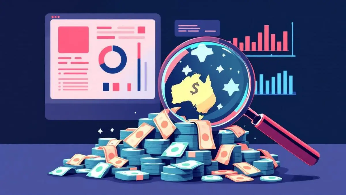 Magnifying glass focusing on australian money ad budget waste digital marketing dashboard