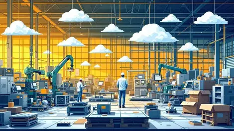 Manufacturing factory floor efficient machinery workers coordinating cloud erp