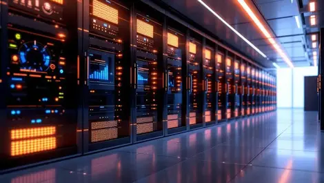 Realistic enterprise data center servers glowing lights ai data management