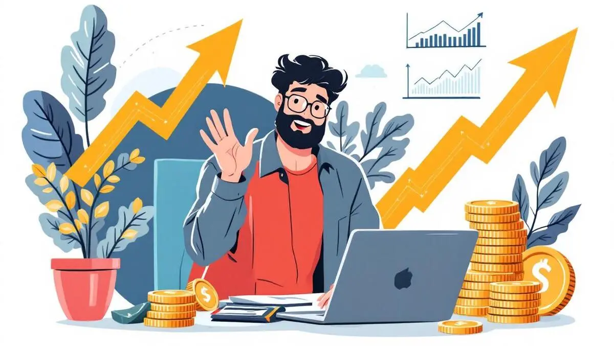 Small business owner australia reviewing financial graphs upward arrows coins cash flow management