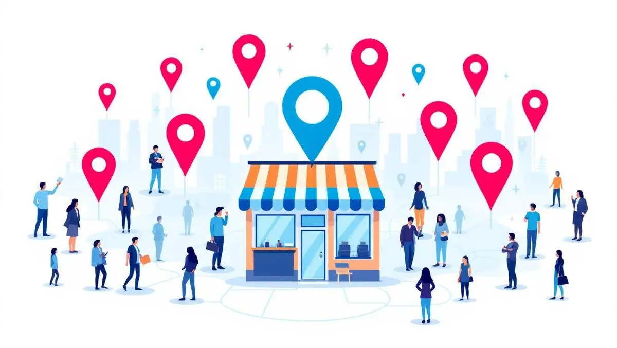Small shop with map location pins and customer silhouettes targeted local marketing data driven insights