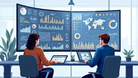 Australian office workers analyzing graphs charts modern digital screens