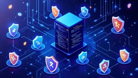 Interconnected servers code protective shields symbolizing cybersecurity in open source software