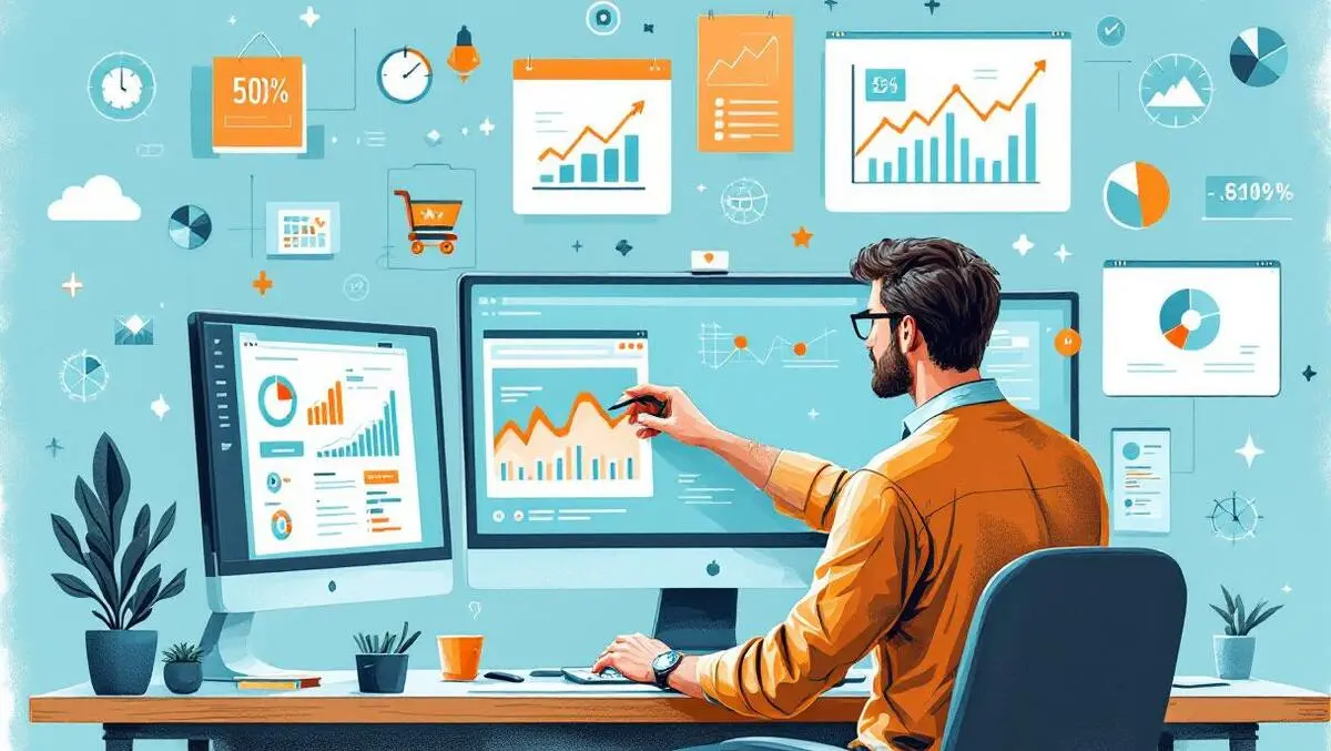 Ecommerce analyst examining digital ad performance charts multiple monitors
