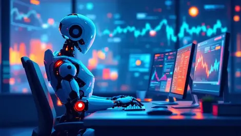Sleek robot automating financial services call center with glowing monitors