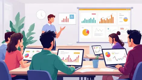 Young adults analyzing digital charts in modern training room illustration