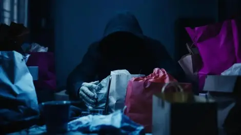 Person wearing gloves using laptop shopping bags shadowy figure crime