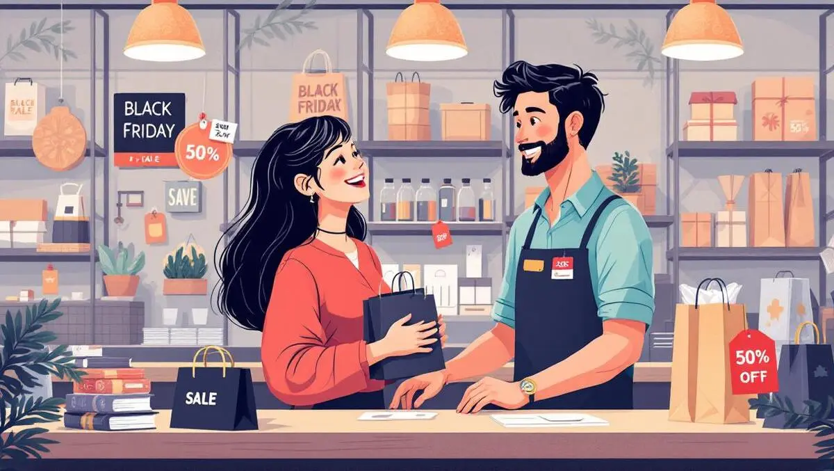 Australian shopper interacting with friendly customer service at black friday sale