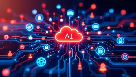 Digital illustration interconnected cloud icons flowing data ai network patterns business integration